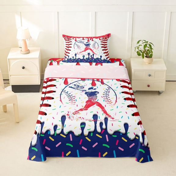 Erosebridal Kid Cartoon Baseball Twin Sheet Sets, Ice Cream Drip Bedding, Blue Red, 3 Pieces