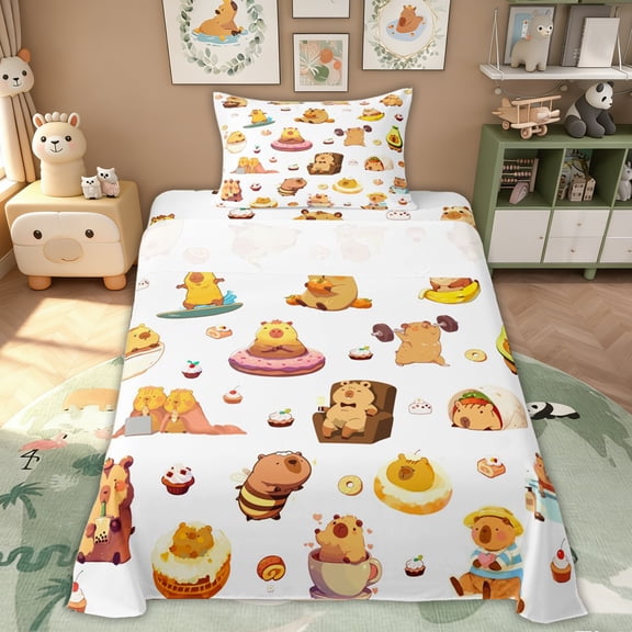 Erosebridal Kid Cartoon Capybara Twin Sheet Sets, Cute Animals Bedding, 3-Piece