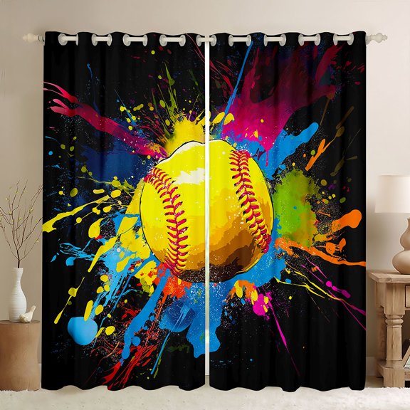 Erosebridal Kid Cartoon Softball Black Out Curtains, Watercolor Splash Curtains Pack of 2 (42x63 Each)