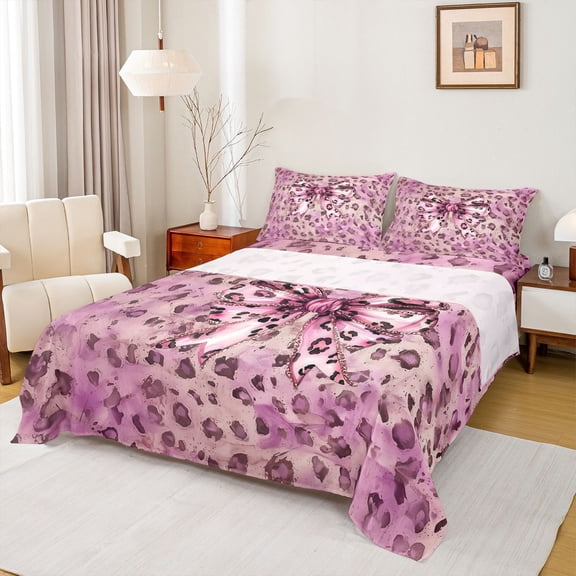 Erosebridal Kid Cheetah Print Ribbon Full Size Sheets, Old Fashion Bowknot Bed Sheets, 4pcs