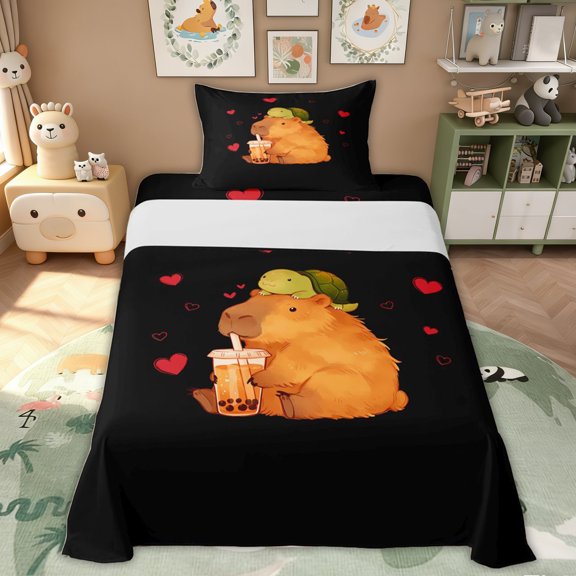 Erosebridal Kid Cute Boba Capybara Twin Sheet Sets, Cartoon Turtle Bedding, 3-Piece