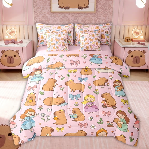 Erosebridal Kid Cute Capybara Bedding Comforter Set, Bow Princess Fairy Queen Bedding Sets, Pink Reversible, 7 Pieces