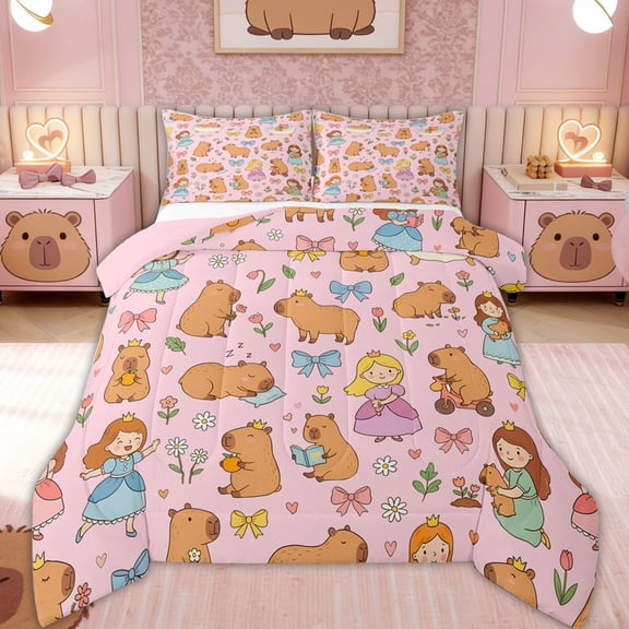 Erosebridal Kid Cute Capybara Queen Comforter Set, Bow Princess Fairy Bedding Comforter Set, 3 Pieces, Pink Reversible