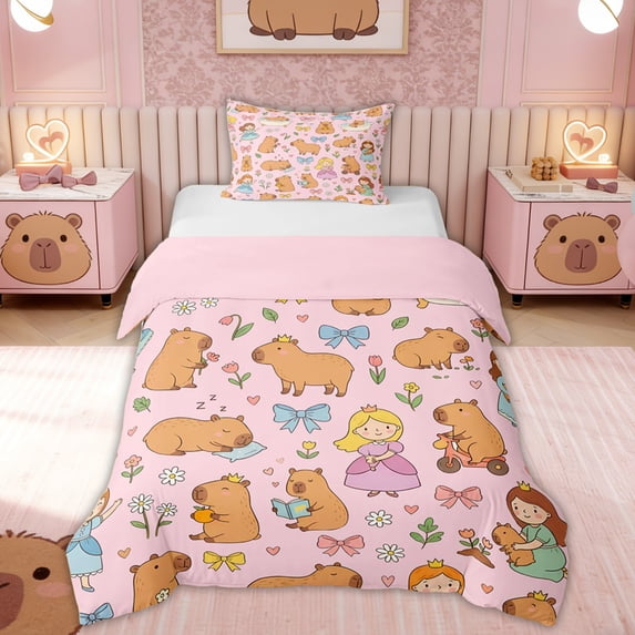 Erosebridal Kid Cute Capybara Twin Bedding, Bow Princess Fairy Duvet Cover Set, Pink Reversible, 2 Pieces, No Comforter
