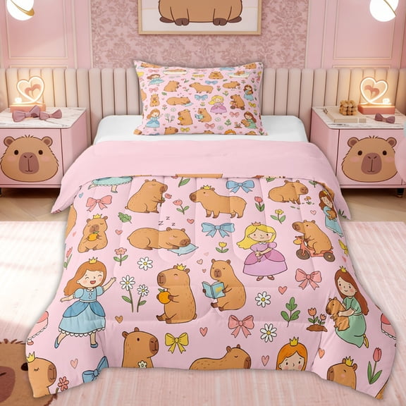 Erosebridal Kid Cute Capybara Twin Comforter Sets, Bow Princess Fairy Bedding Set, 2 Pieces, Pink Reversible