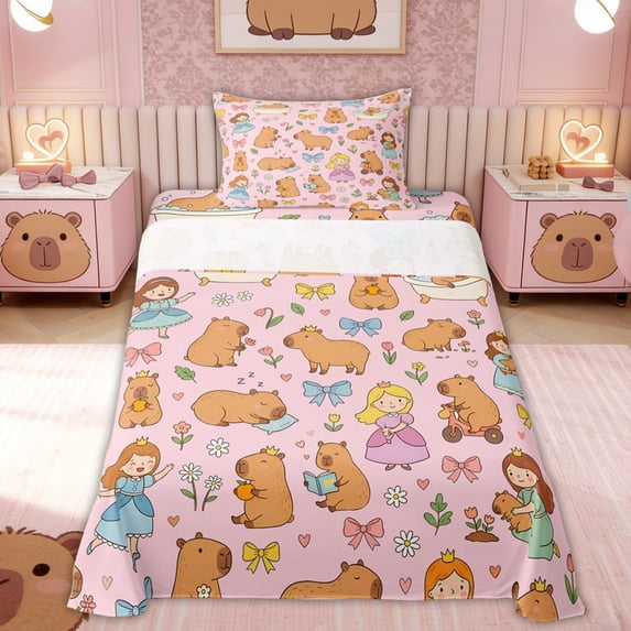 Erosebridal Kid Cute Capybara Twin Sheet Sets, Bow Princess Fairy Bedding, 3 Pieces