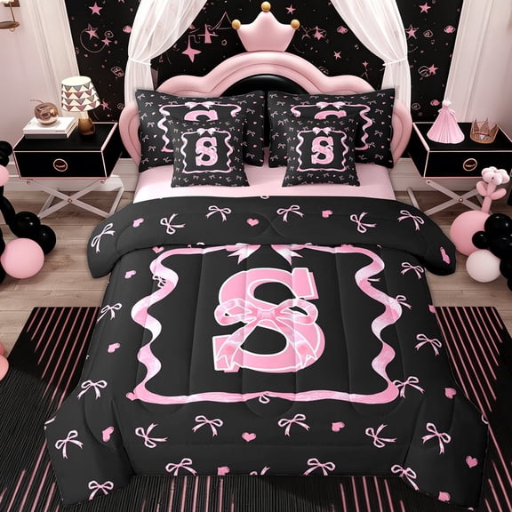 Erosebridal Kid Cute Ribbon Twin Bedding Sets 7-Piece, Initial S Letter Bedding Comforter Set, Pink Reversible