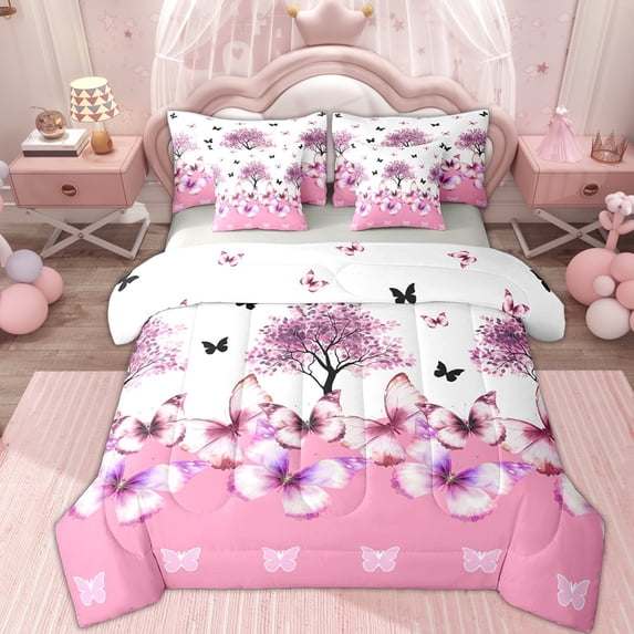 Erosebridal Kid Dreamy Butterfly Bedding Comforter Set 7pcs, Pink Flower Tree Queen Bedding Sets