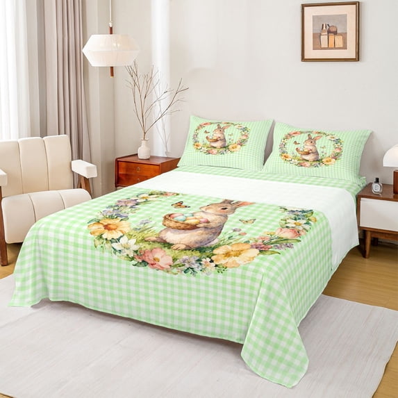 Erosebridal Kid Easter Rabbit Eggs Bed Sheets, Groovy Flower King Sheets, Green, 4pcs