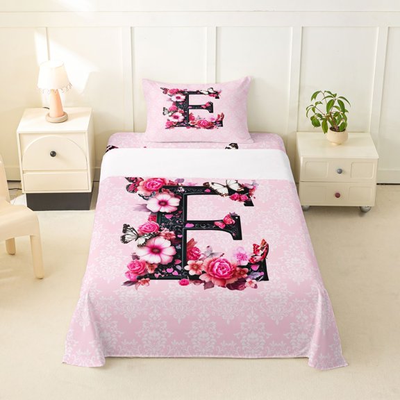 Erosebridal Kid Initial E Letter Twin Sheet Sets, Pink Flower Butterfly Bedding, 3 Pieces