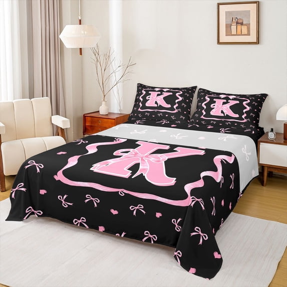 Erosebridal Kid Monogrammed K Full Size Sheets, Princess Bowknot Bed Sheets, Black Pink, 4 Pieces