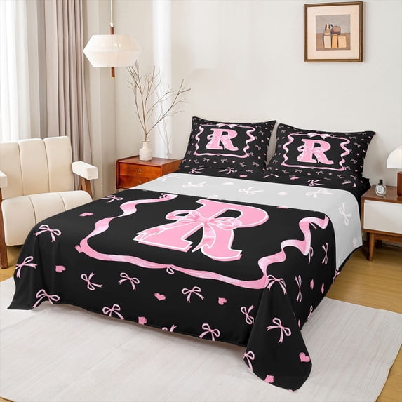 Erosebridal Kid Monogrammed R Queen Sheet Sets, Princess Bowknot Bed Set, Black Pink, 4-Piece