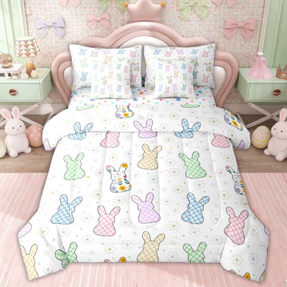 Erosebridal Kid Plaid Rabbit Print Bedding Comforter Set, Groovy Floral Full Bedding Set, 7 Pieces