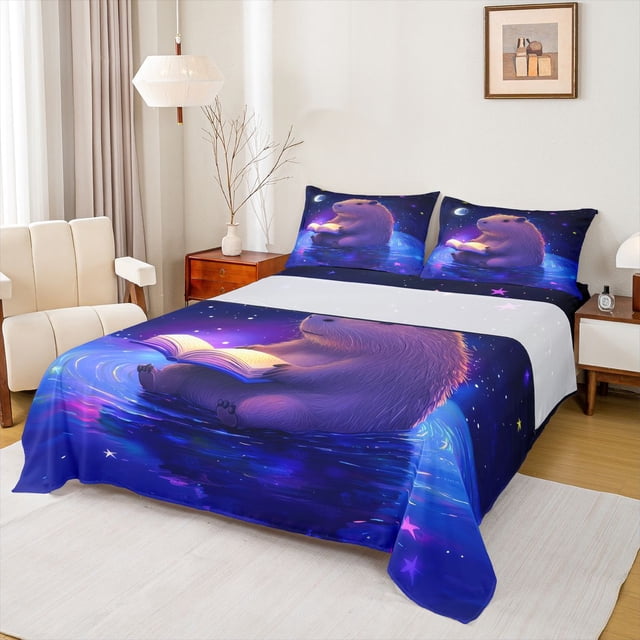 Erosebridal Kid Reading Capybara Full Size Sheets, Glitter Print Galaxy Bed Sheets, 4 Pieces