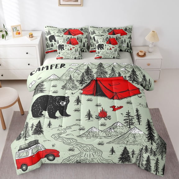 Erosebridal Kids Animal Bear Red Tent RV Car Bedding Comforter Set 7pcs,Happy Adventure Queen Bedding Sets For Teens Boys Girls,Grey Reversible