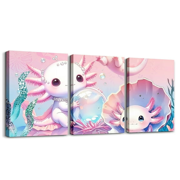 Erosebridal Axolotl Wall Painting Posters and Prints Cute Cartoon Axolotl Canvas Wall Art for Living Room Bedroom Sea Shell Picture Wall Decor Sea Animals Bathroom Wall Art 12"x16"x 3Pcs