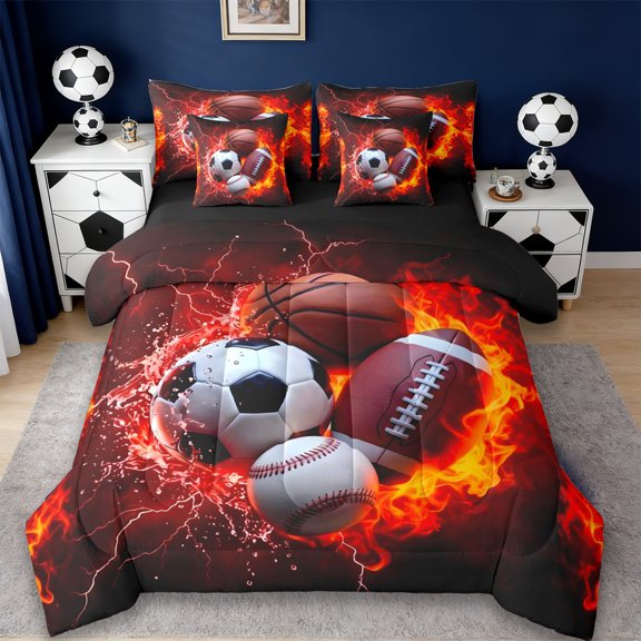 Erosebridal Kids Ball Games 7pcs Bedding Comforter Set,Rugby Football Baseball Basketball Sport Kids Queen Bedding Sets,Reversible Black