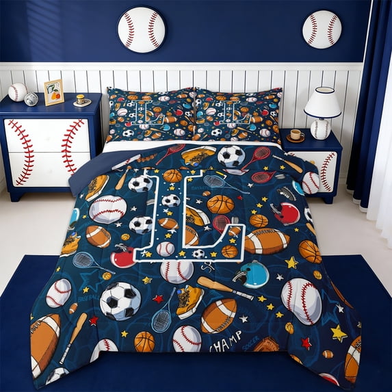 Erosebridal Kids Ball Games Queen Comforter Set,Sport Theme L Alphabet Bedding Comforter Set For Baseball Boys,Reversible navy blue,3 Pieces