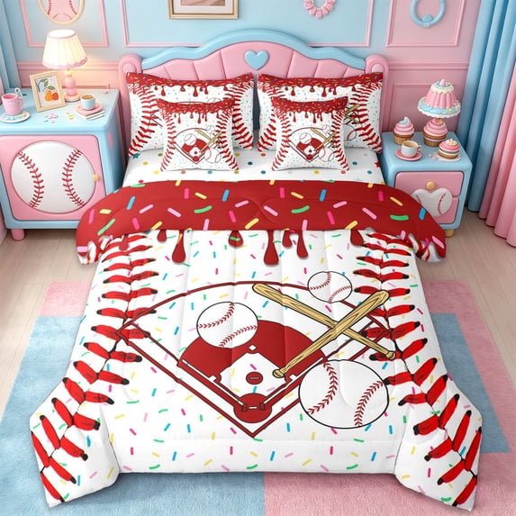Erosebridal Kids Ball Games Theme 7pcs Bedding Comforter Set,Red Ices Cream Baseball Print Queen Bedding Sets For Boys,Reversible