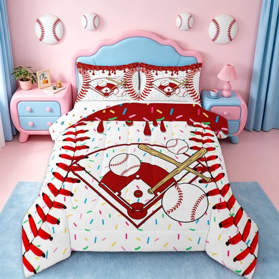 Erosebridal Kids Ball Games Theme Queen Comforter Set,Red Ices Cream Baseball Print Bedding Comforter Set For Boys,Reversible,3pcs