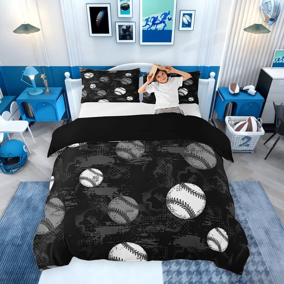 Erosebridal Kids Baseball Duvet Cover Set for Boys, Sports Theme Bedding Full, Black Gray, Black Reversible, 1 Duvet Cover and 2 Pillowcases (No Comforter)