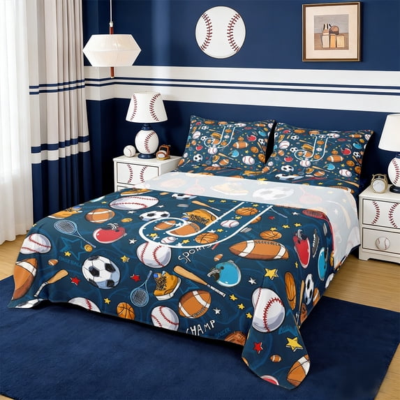 Erosebridal Kids Baseball Football Rugby Printed Full Size Sheets For Ball Games Lover,Monogrammed J Bed Sheets 4 Pieces