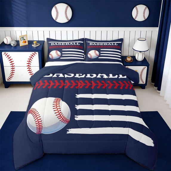 Erosebridal Kids Baseball Full Size Comforter Sets,Boys Ball Games Bedding Sets For Sport Gamer,Reversible navy blue,3pcs