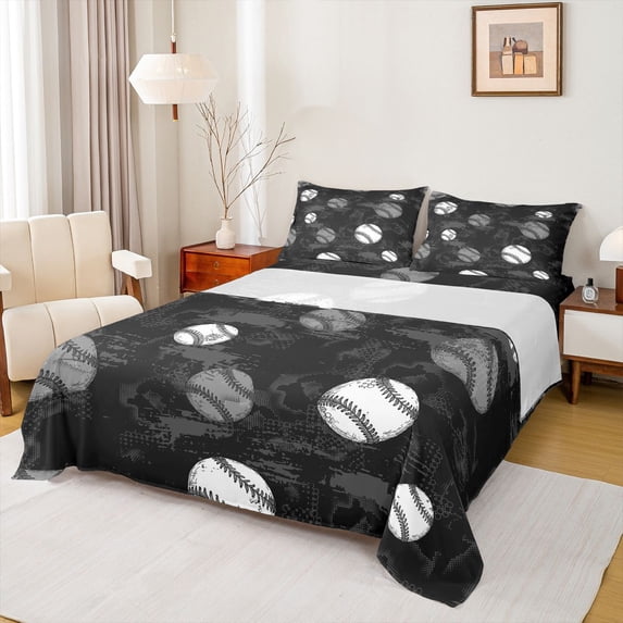 Erosebridal Kids Baseball Full Size Sheets for Boys, Sports Theme Bed Sheets, Black Gray, 1 Flat Sheet, 1 Fitted Sheet and 2 Pillowcases