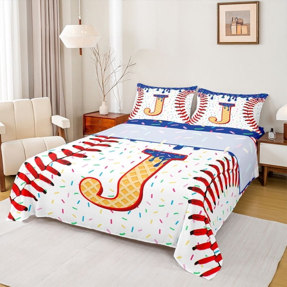 Erosebridal Kids Baseball Gaming Bed Sheets, Cartoon Initial J King Sheets, 4pcs
