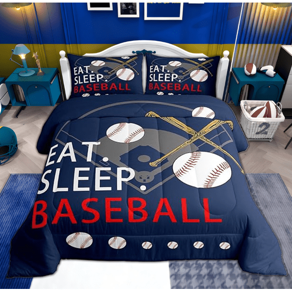 Erosebridal Baseball Gaming Coverlet Set Full Size Navy Blue Comforter Set Teens Bedroom Decor Softball Comforter Women Men Ball Games Quilt Set