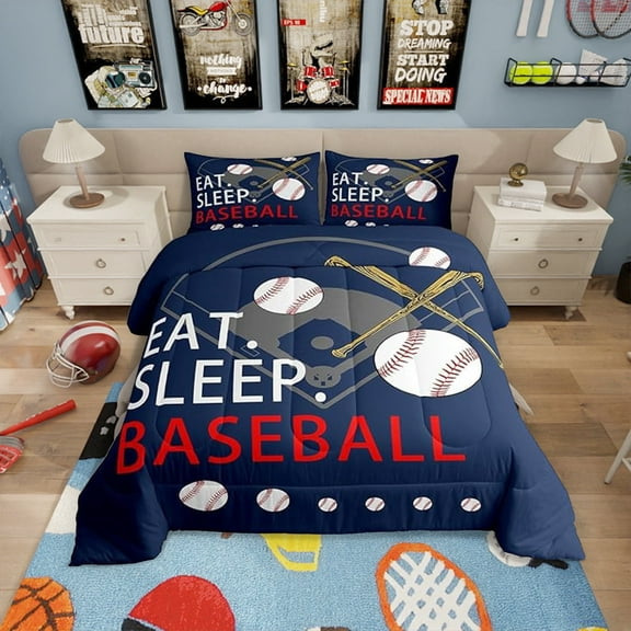 Erosebridal Baseball Gaming Coverlet Set Full Size Navy Blue Comforter Set Teens Bedroom Decor Softball Comforter Women Men Ball Games Quilt Set
