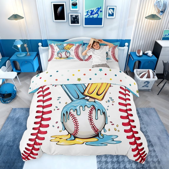 Erosebridal Kids Baseball Queen Duvet Cover Set, Sports Theme Bedding, Colorful Polka Dots Reversible, 1 Duvet Cover and 2 Pillowcases (No Comforter)