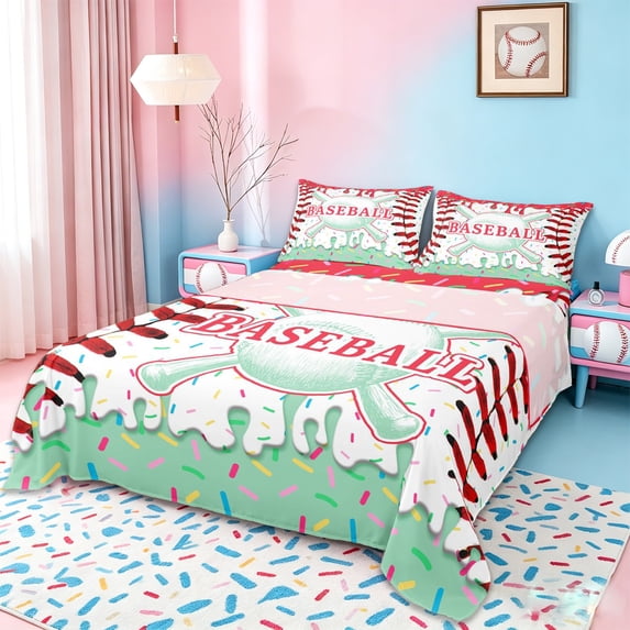 Erosebridal Kids Baseball Sport Bed Sheets,Teens Ball Gamer King Sheets For Ice Cream Baseball Lover 4 Pieces