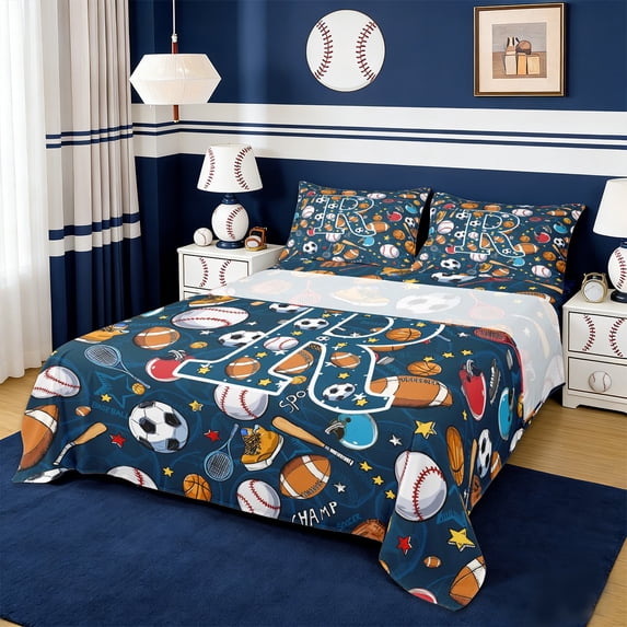Erosebridal Kids Baseball Sport Games Queen Sheet Sets,Ball Personalized Alphabet R Bed Set For Boys 4 Pieces