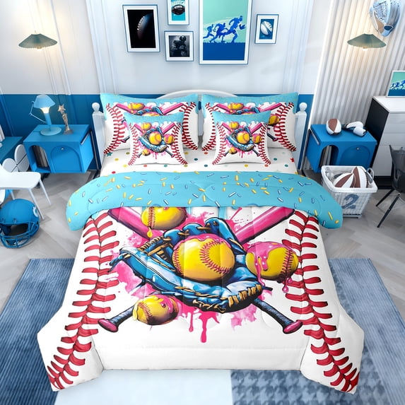 Erosebridal Kids Baseball Sport Twin Bedding Sets, Colorful Ice Cream Drip Bedding Comforter Set, Colorful Polka Dots Reversible, 7-Piece