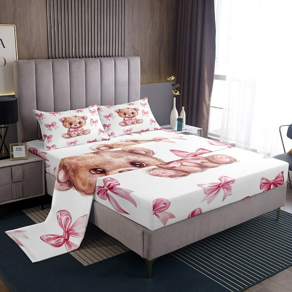 Erosebridal Bear Sheet Set Twin, Kawaii Animal Bedding Sets Twin Size, Princess Style Decor 3 Pieces