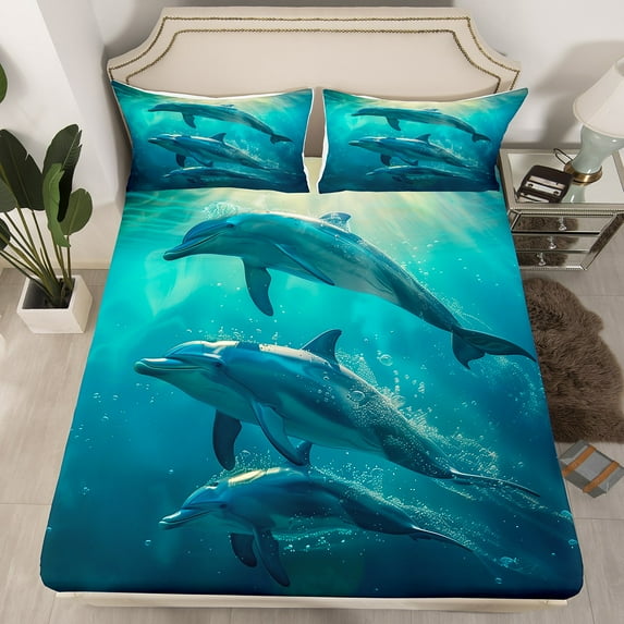 Erosebridal Bedding Set Twin Size Dolphin Fitted Sheet,Cute Dolphin Underwater Animal Theme Sheets Marine Life Sea Animal Print Bed Sheets Teal and Blue Sheets(No Top Sheet)