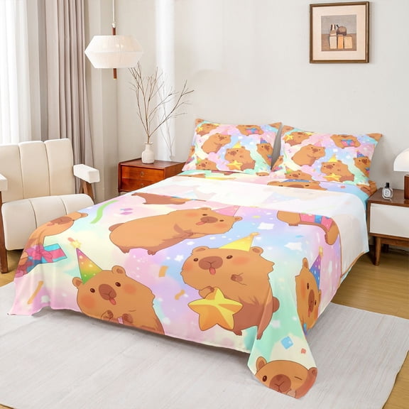 Erosebridal Kids Birthday Capybara Queen Sheet Sets, Galaxy Star Sky Bed Set, 4 Pieces