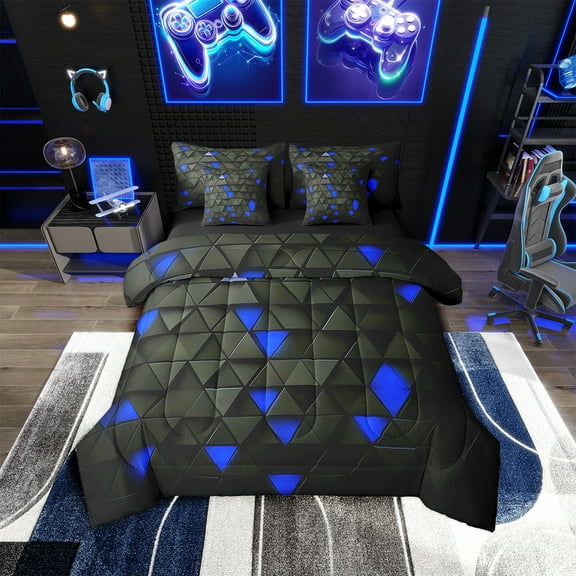 Erosebridal Blue and Black Comforter Set With Sheets7 piece Triangle Bedding Set Twin Size Geometric Bed in a Bag Modern Bed Set with Comforter,Sheets,Pillowcases