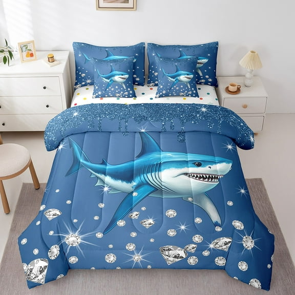 Erosebridal Blue Shark Bedding Twin Size, Ocean Animal Bed in a Bag Twin size, Sequin print Decor, Reversible 7pcs