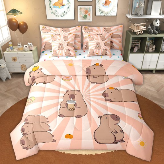 Erosebridal Kids Boba Capybara Bedding Comforter Set, Swirl Stripes Queen Bedding Sets, 7pcs