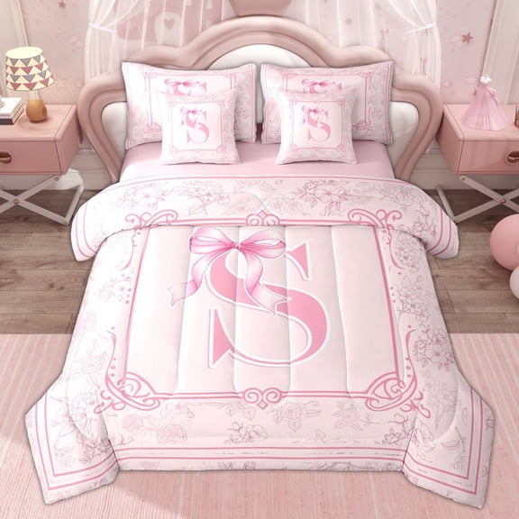 Erosebridal Kids Bow S Letter Twin Bedding Sets, Fashion Flower Floral Bedding Comforter Set, Pink, 7 Pieces