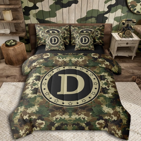 Erosebridal Kids Boys D Personalized Initial Bedding Comforter Set 7 Pieces,Abstract Camouflage Full Bedding Set,Black Reversible