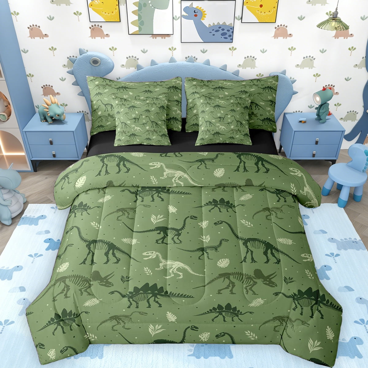 Erosebridal Kids Boys Dinosaur Bedding Comforter Set, Green Dino Animal ...