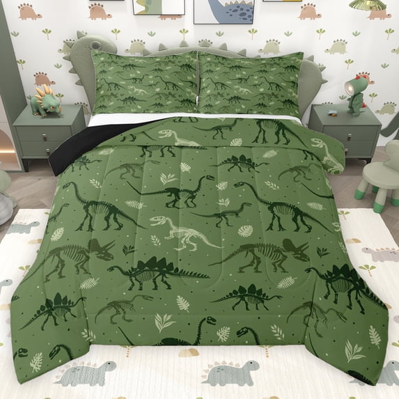 Erosebridal Kids Boys Dinosaur Full Size Comforter Sets, Green Dino Animal Bedding Sets, Black Reversible, 1 Comforter and 2 Pillowcases