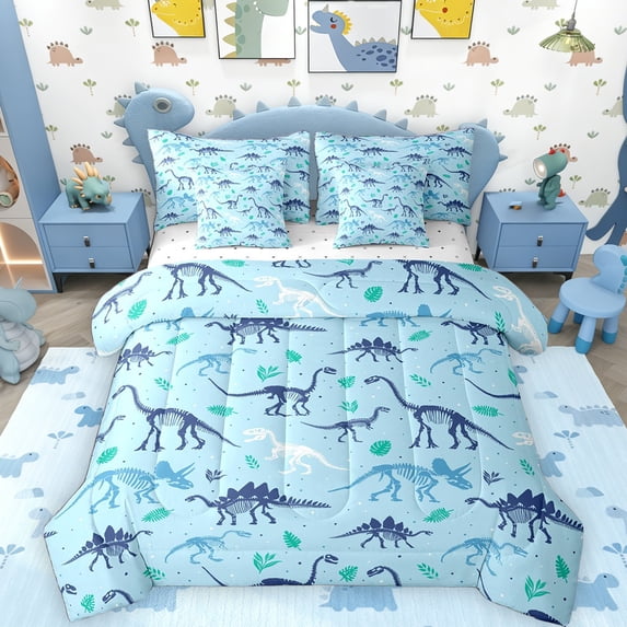 Erosebridal Kids Boys Dinosaur Twin Bedding Sets, Blue Dino Animal Bedding Comforter Set, Reversible, 7pcs