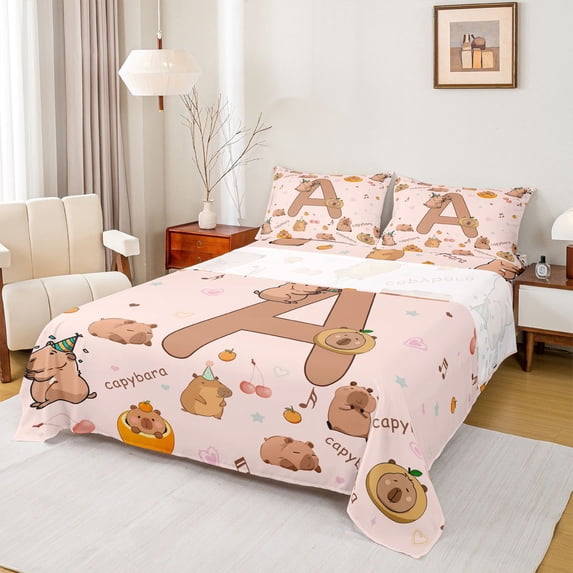 Erosebridal Kids Brown Capybara Queen Sheet Sets, Initial A Letter Bed Set, 4 Pieces