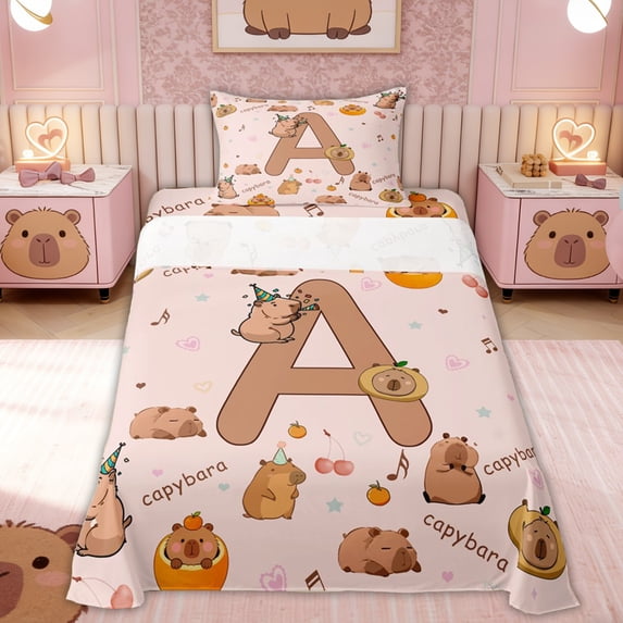 Erosebridal Kids Brown Capybara Twin Sheet Sets, Initial A Letter Bedding, 3 Pieces