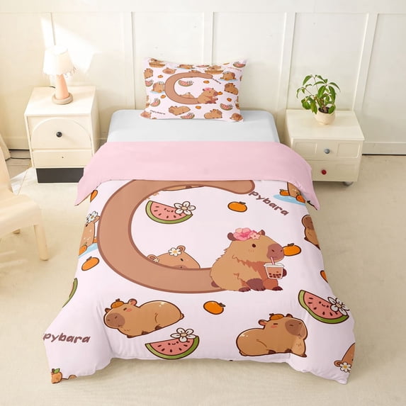 Erosebridal Kids C Personalized Initial Capybara Bubble Tea Twin Bedding,Boys Girls Kawaii Funny Food Duvet Cover Set,2pcs,No Comforter,Pink Reversible