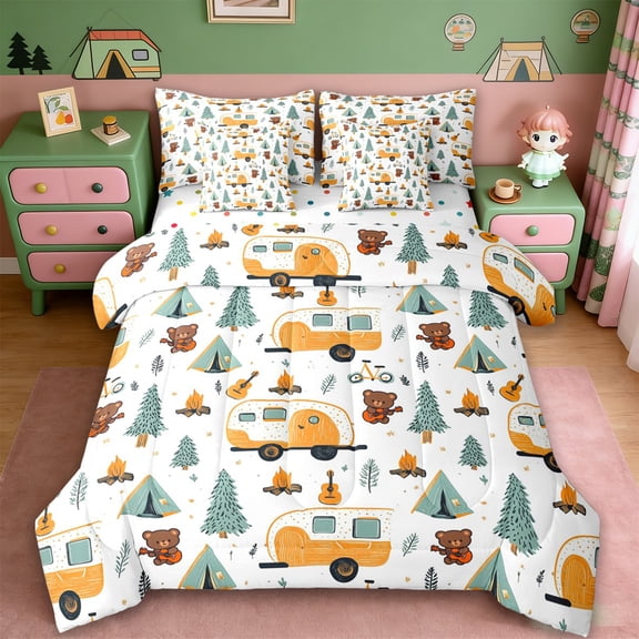Erosebridal Kids Camper 7-Piece Bedding Comforter Set For Travel Trailers,Rustic Farmhouse Adventure Theme King Bedding Sets,Reversible
